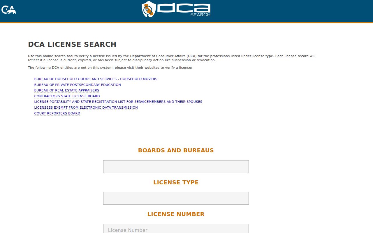 Union City resident lookup view of California professional license search