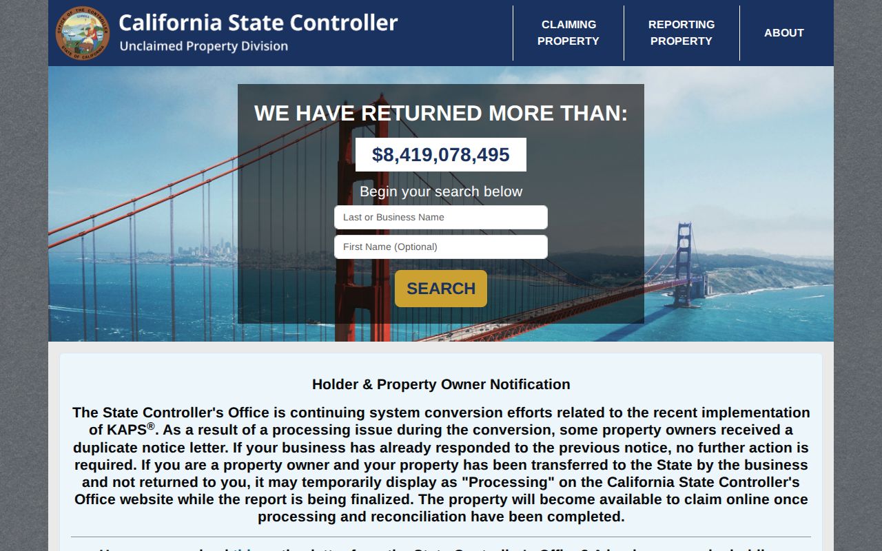 Union City resident lookup view of California unclaimed property search