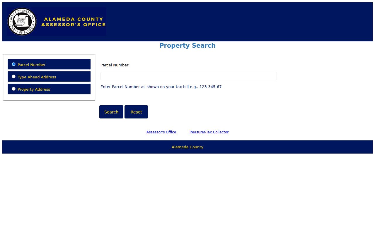 Union City street directory view of Alameda County property search fields