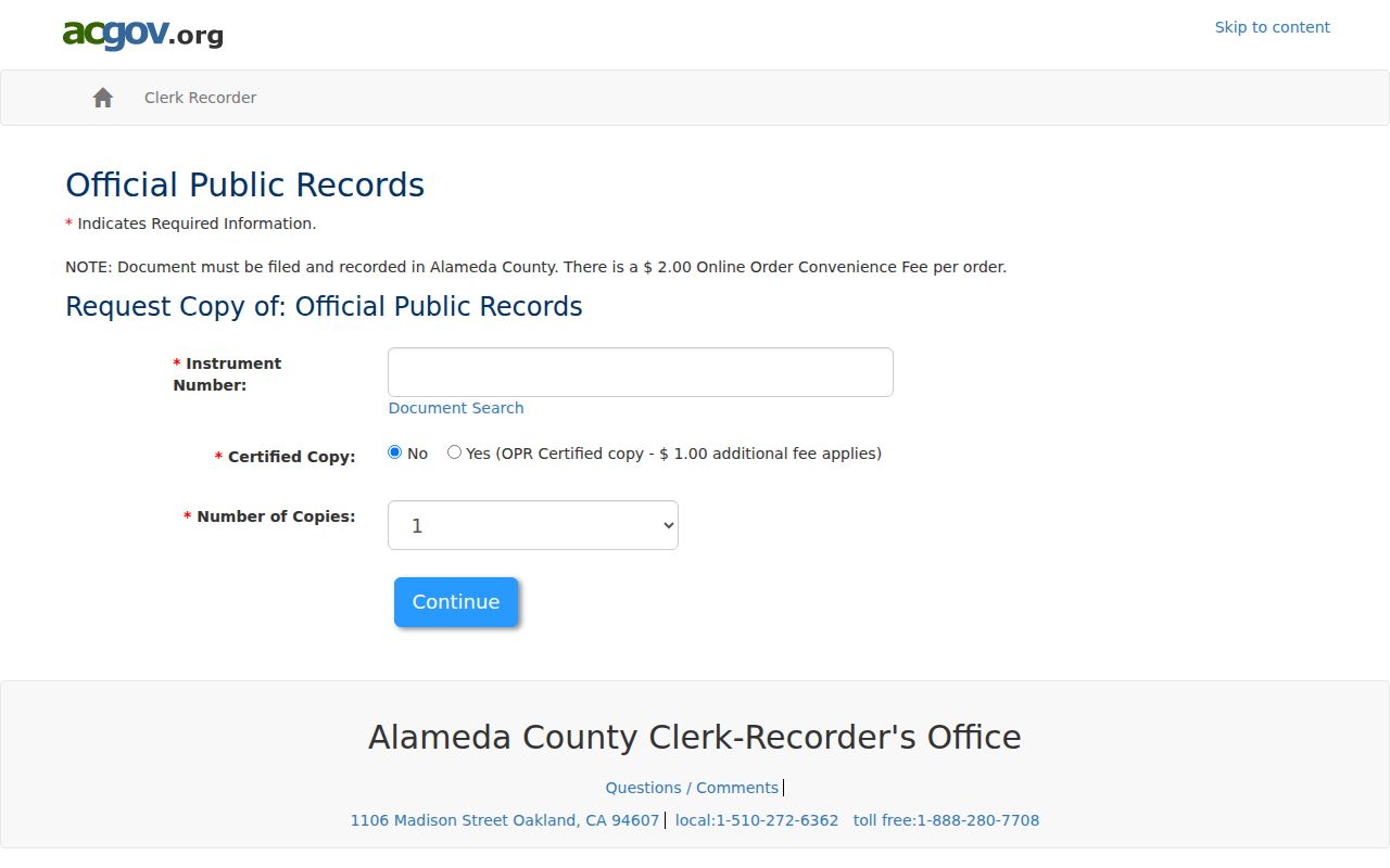 Union City street directory view of the Alameda recorded document copy order