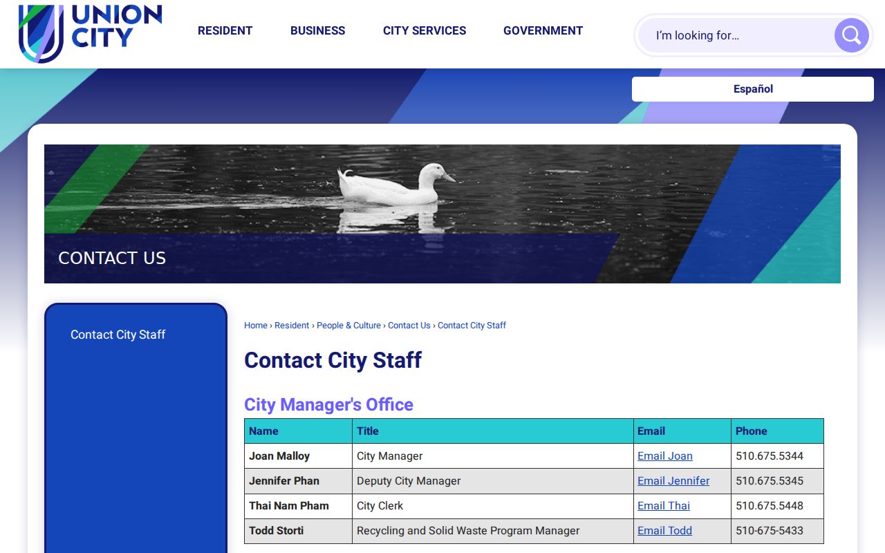 Union City residents directory view of the Union City staff directory