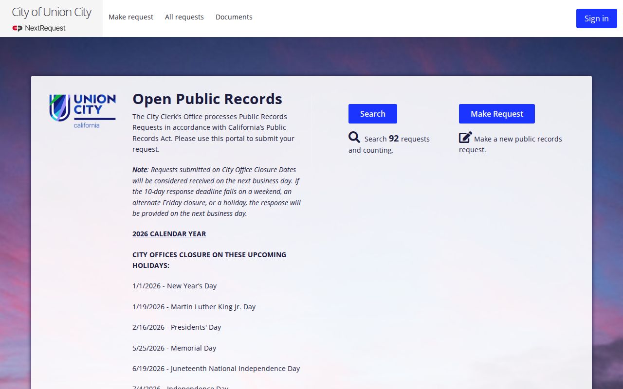 Union City residents directory view of the Union City public records request portal
